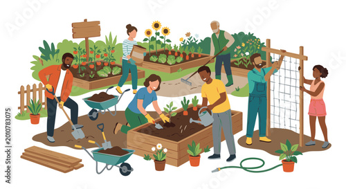 People planting and tending garden beds in community garden setting  