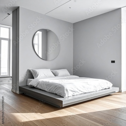 Modern minimalist bedroom interior with low platform bed, large round wall mirror, hardwood floor, soft natural light, serene home staging