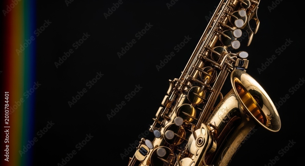 Obraz premium Artistic close-up of a brass saxophone in a dark studio, featuring glowing highlights, motion blur distortion, and cinematic filmic tones, evening, rhythm, dynamic