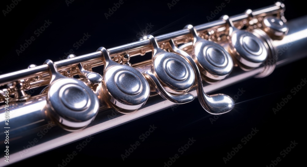 Obraz premium Artistic motion blur effects highlight the elegant keys and polished silver body of a flute during a soft and melodic musical performance, sound, vibration, metallic