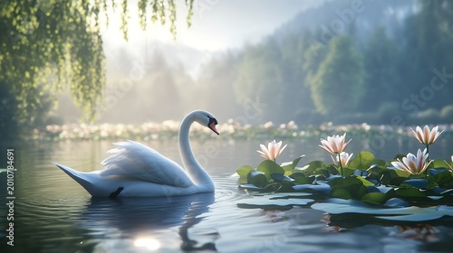 Elegant white swan swimming on peaceful lake with lotus flowers
