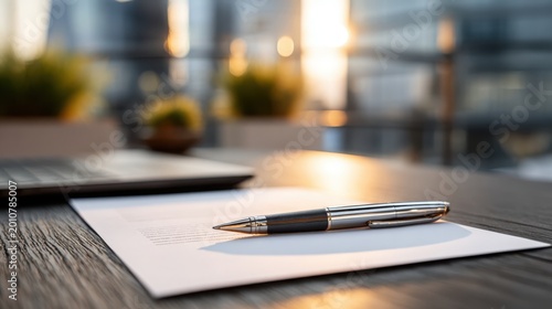Modern office workspace with a pen and paper on wooden desk at sunset