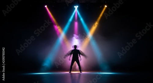 Cinematic silhouette on stage under a bright spotlight with artistic motion blur, deep dramatic shadows, glowing beams, and hazy atmosphere, illumination, dark, auditorium