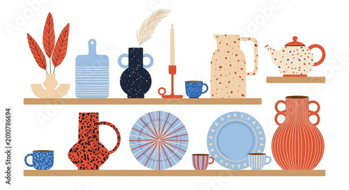 Bild auf Leinwand Vintage, colorful kitchenware, ceramic dishes, tea sets, plates, vases, cups, il