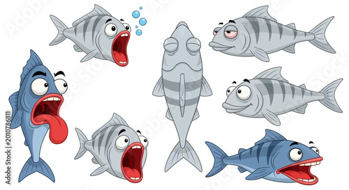 Tableau sur toile Cartoon fish, shocked fish, screaming fish, 6 fish icons, vector set, blue and g