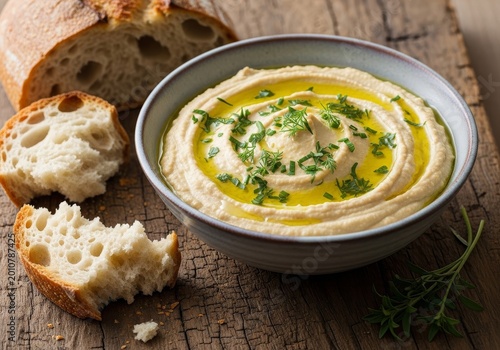 Creamy savory dip in a ceramic bowl served on a weathered wooden board with crusty sourdough bread, fresh green herbs, and olive oil drops, vegetable, ingredients, organic