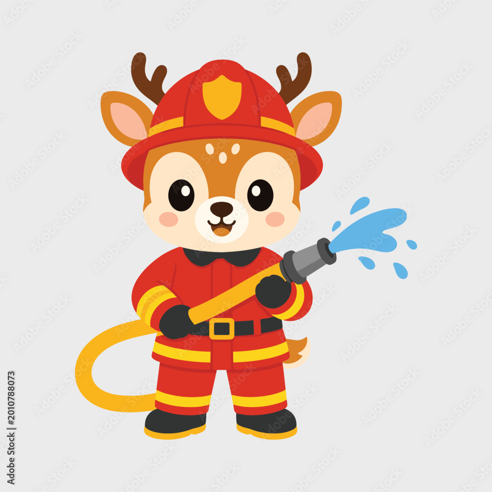 Fototapeta premium Cute cartoon deer firefighter mascot holding a water hose to extinguish flames red.