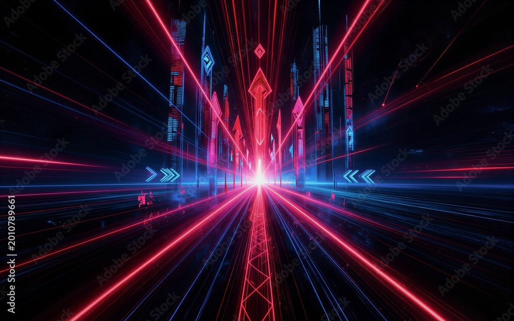 Fototapeta premium Neon red and blue light beams converge into a dazzling digital tunnel.