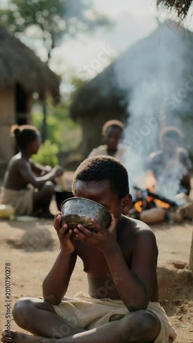 Young African boy drinking from metal bowl in village with people cooking by fire, eye level shot