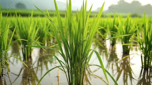 Lush Green Rice Paddies Growing in Water Under Soft Morning Light.