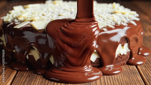 Delicious Chocolate Cake Being Drizzled with Melted Chocolate Sauce.