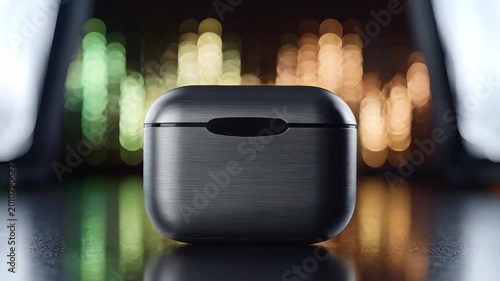 Modern wireless earbuds charging case with vibrant bokeh background.