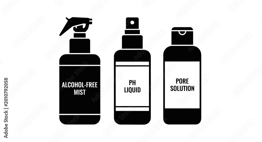 Obraz premium Skincare products: alcohol-free mist, pH liquid, pore solution bottles