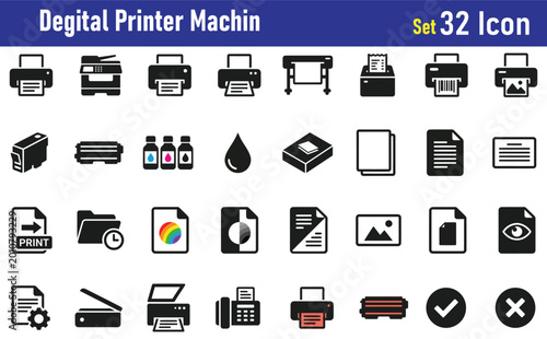 Digital printer machine icon set on white background editable icons