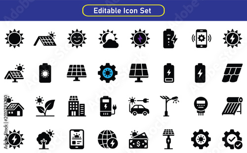 Bild auf Leinwand Renewable energy icon set solar electricity and eco friendly power white backgro