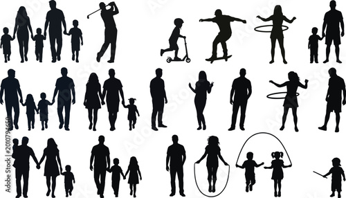 Foto Family and Children Silhouettes Set with Walking Playing Sports Parenting and Ev