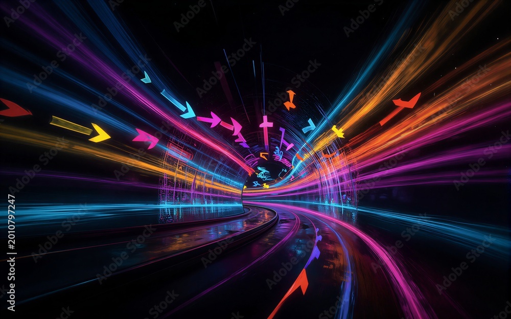 Obraz premium Vibrant neon arrows race through a cosmic tunnel of colorful light
