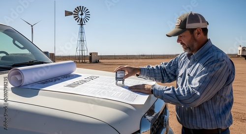 Man Stamping Mineral Deed Document on Truck Hood