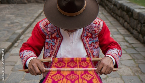 Fotografia A close-up shot of a person wearing a traditional embroidered jacket and hat, engaged in the craft of weaving a brightly colored patterned textile on a traditional loom in an outdoor setting