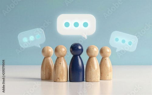 Five wooden figures one blue surrounded by glowing speech bubbles.