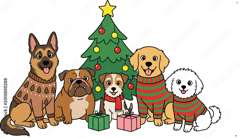 Naklejka premium Cute Christmas Dogs Collection with German Shepherd Bulldog Puppy Golden Retriever Bichon in Sweaters Tree Gifts Holiday Vector Illustration