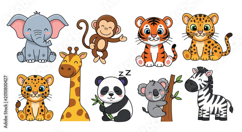 Photography Cute Cartoon Animals Collection: Elephant, Monkey, Tiger, Leopard, Giraffe, Pand