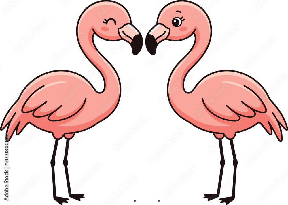 Obraz premium Cute Flamingo Couple Cartoon with Heart Shape Neck Love Valentine Pink Bird Kawaii Animal Vector Illustration