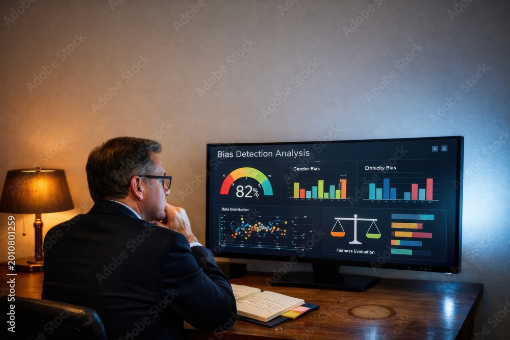 Fototapeta premium A person reviews bias detection analysis on a screen while seated at a desk with a lamp in a modern office space during evening hours.
