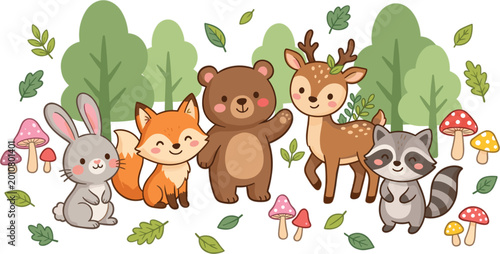 Schilderij op canvas Cute Woodland Forest Animal Collection with Bear Fox Deer Rabbit Raccoon Mushroo