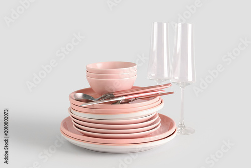 Clean glasses with plates, ...