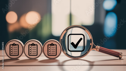Business success checklist with approved documents and magnifying glass
