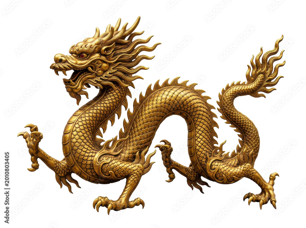 Fototapeta premium Golden Chinese Dragon in Realistic Fantasy Sculpture Style, Mythical Creature Isolated on Transparent Background