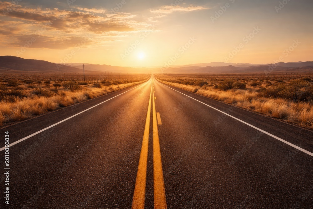 Fototapeta premium A long highway stretches into the distance under a bright sunset. The road is flanked by desert vegetation and mountains are visible ahead.