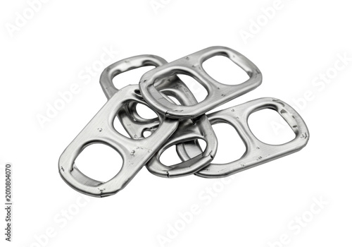 Five recycled silver aluminum pull tabs, worn and scratched, geometrically arranged on a transparent background, high-key lighting, concept of industrial design and sustainability
