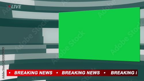 Breaking News Studio Background with Green Screen Key: Virtual TV Newsroom Set Loop with Red Ticker Tape Overlay for Broadcast Journalists and Video Editors