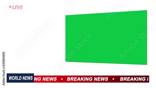 World News Studio Background with Green Screen Key on White: Virtual TV Newsroom Set Loop with Clean Minimalist White Backdrop and Red Ticker Tape Overlay for Broadcast Editors