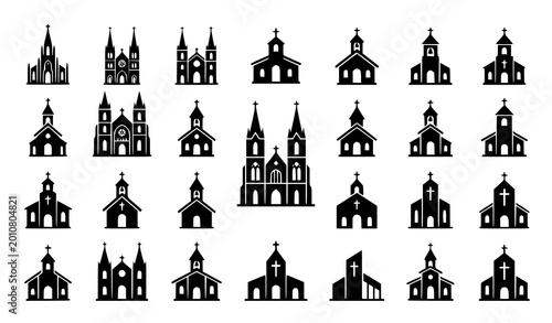Fotografía Christian church building and chapel silhouette icon set for religious symbol, w