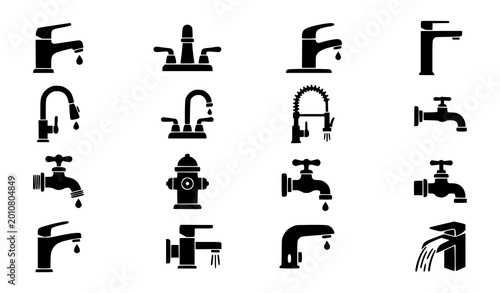 Fotografía Modern water faucet and tap icon set for bathroom plumbing, kitchen sink and uti