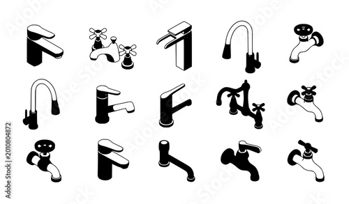 Canvas Print Modern water faucet and tap icon set for bathroom plumbing, kitchen sink and uti