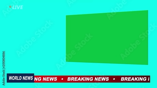 Live World News Studio Background with Green Screen Key on Cyan: Virtual TV Newsroom Set Loop with Teal Background and Lower Third Red Ticker Tape Overlay for Broadcast Video Production
