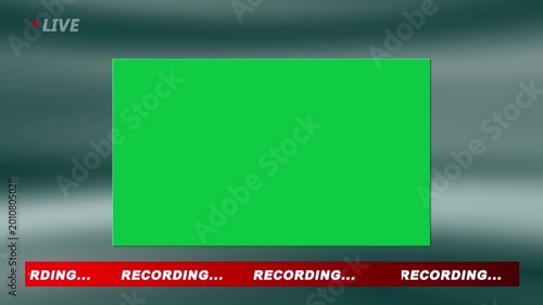 Live TV News Studio Background with Green Screen Key: Virtual Set Loop with Metallic Curved Backdrop and Red Recording Ticker Tape Overlay for Broadcast Video Production