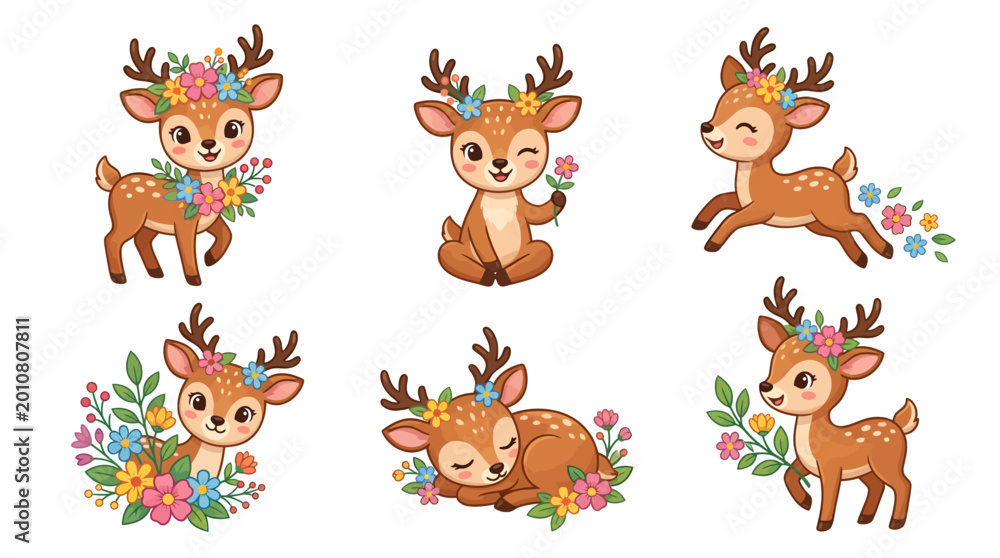 Naklejka premium Cute cartoon fawn collection with floral crowns, featuring six adorable baby deer illustrations in playful and gentle poses amidst vibrant flowers