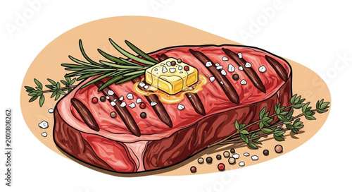 Photos Raw Beef Steak with Herbs and Seasonings on a Wooden Surface.