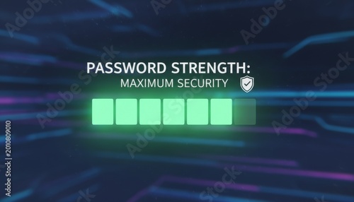 Cyber security interface displaying maximum password strength indicator and digital protection progress bar on tech background with password, strength