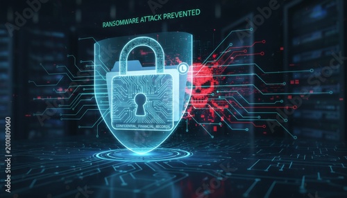 Digital security shield and padlock icon protecting server data from a red malicious skull virus and cyber attack threats in a data center