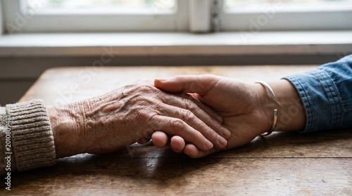 Hands of a younger person gently holding an elderly person's hand showing care