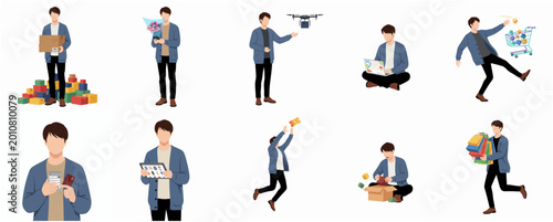 Schilderij op canvas Flat vector illustration set of a young man engaging in online shopping activiti