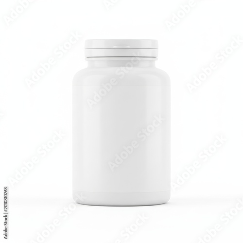 Empty white plastic supplement bottle container isolated on white background with container supplement packaging medicine pharmacy wellness