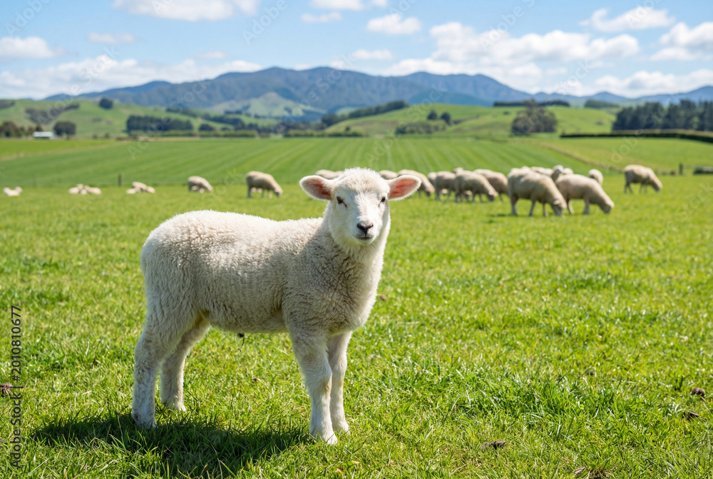 Fototapeta premium Cute white lamb standing on green grass in sunny farm pasture