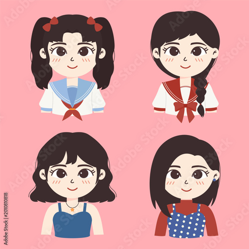 Flat illustration of a cute and adorable teenage girl with various hairstyles and clothes.